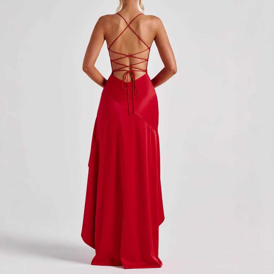 Robe longue bustier asymétrique à volants pour femme, sans manches, fendue, pour l'été, soirée, club