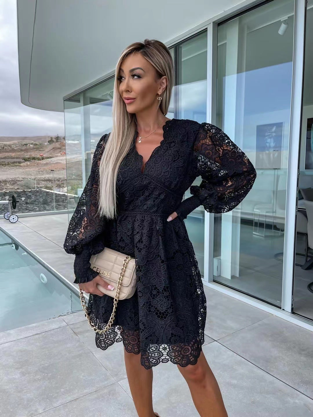Sexy Hollow Lace Embroidered V-Neck Medium Dress for Commute