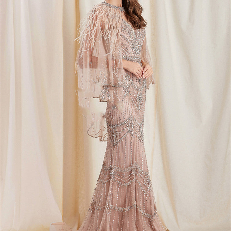 Ladies' Elegant Mermaid Dress with Shawl in Lotus Root Pink