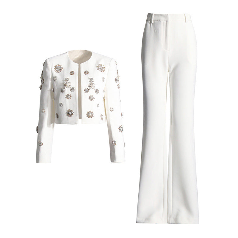 Women’s White Side-Slit Bootcut Trousers Suit Polyester