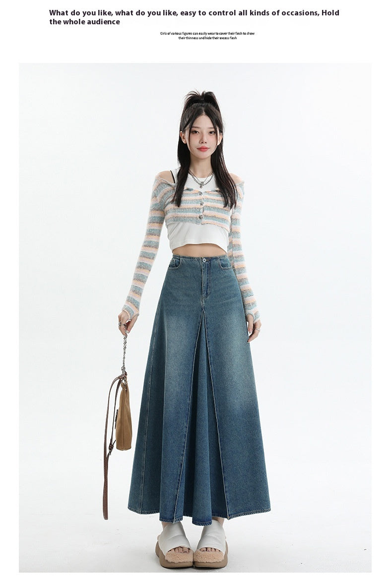 Jupe en jean trapèze mi-longue taille haute rétro style américain