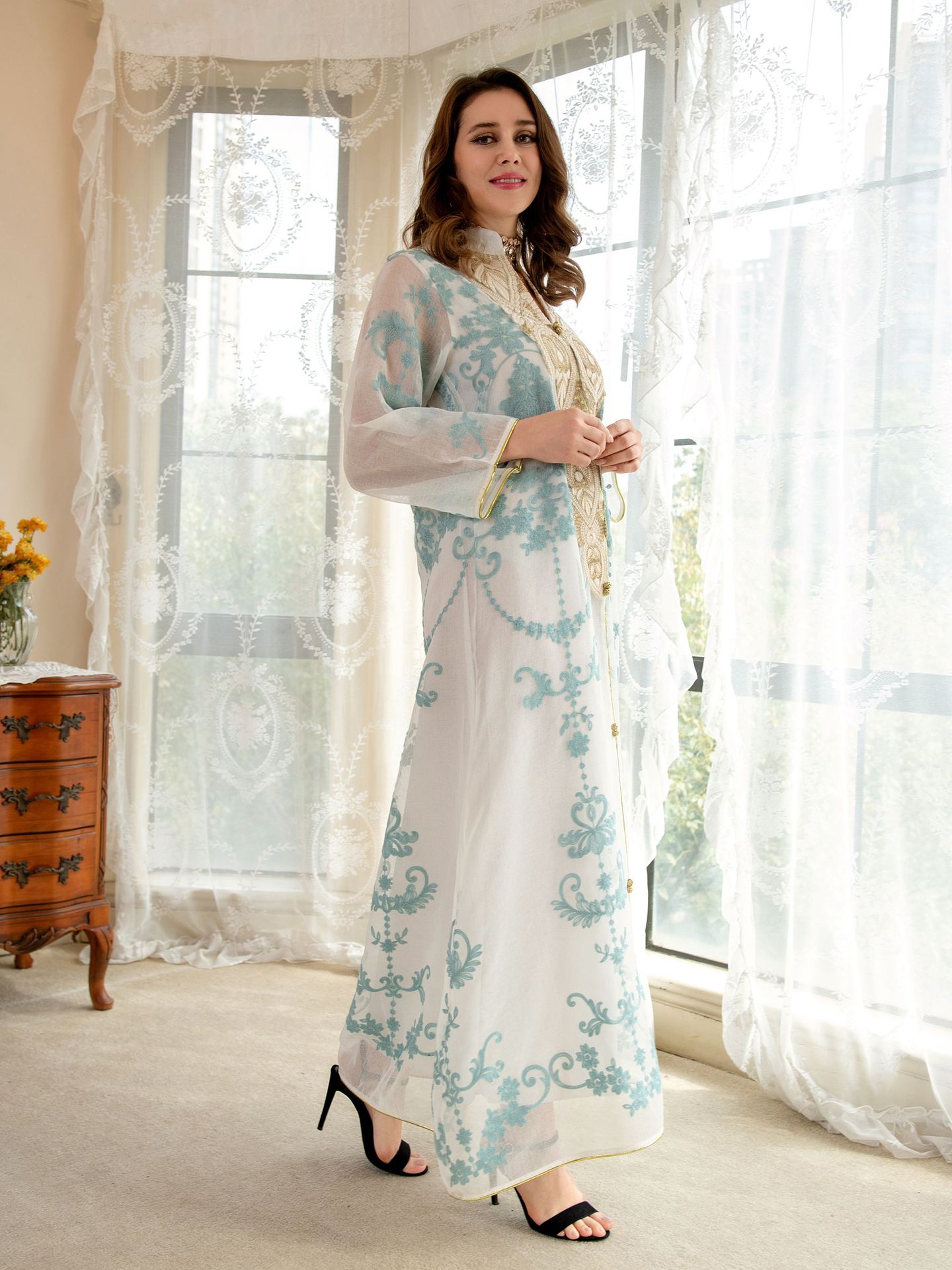 Arabian Women's Casual Embroidered Dress in White, Blue & Apricot