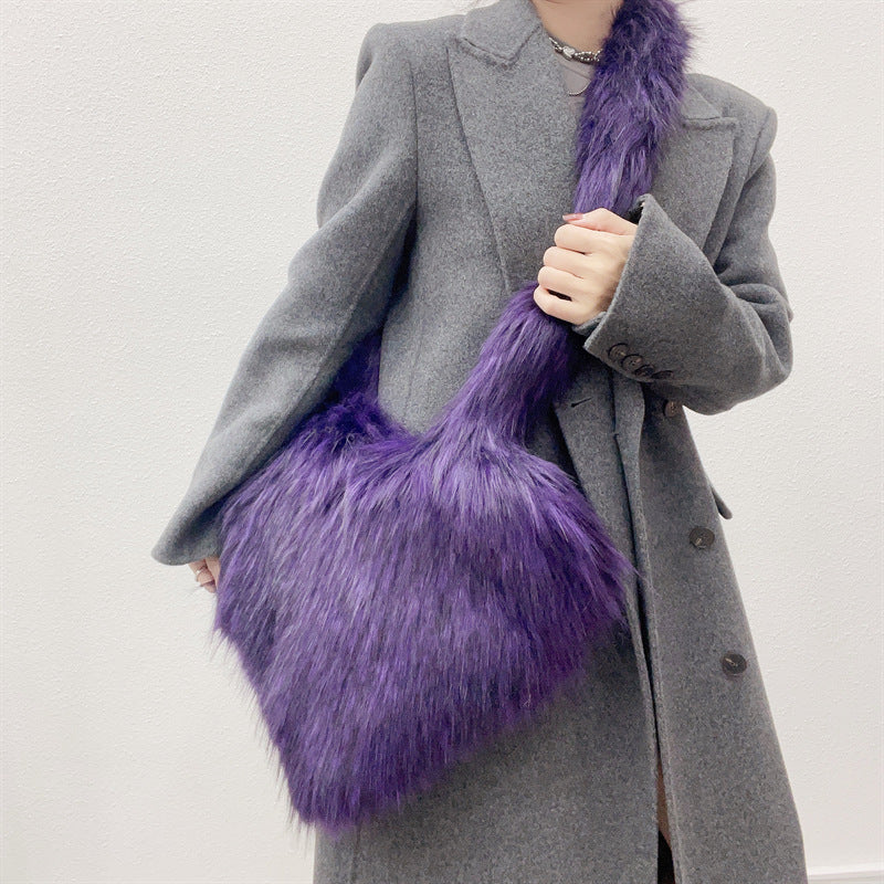 Winter Plush Heart Shape Crossbody Shoulder Bag for Women Large Capacity