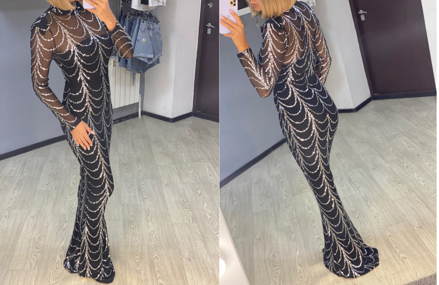 Sequins Maxi Dress Women Long Sleeve Party Dress