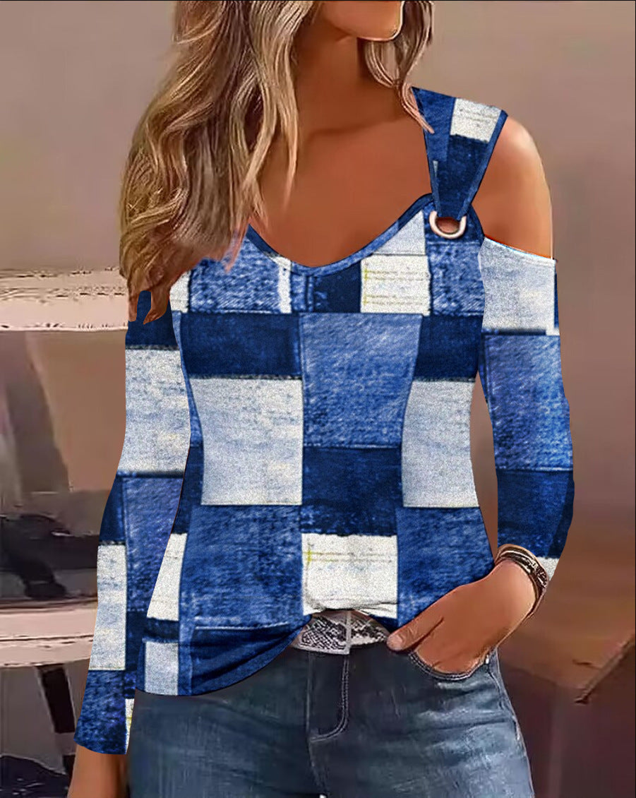 Simple Metal Buckle V-Neck Long Sleeve Shirt Polyester