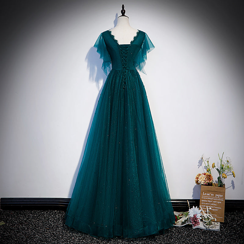 Dark Green Deep V-Neck Evening Dress for Female Host Banquet Performance