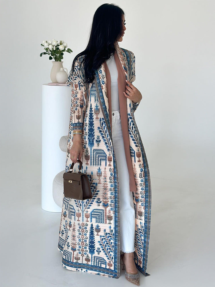 Pleated Print Cardigan Long Coat Arabic Robe Plus Size