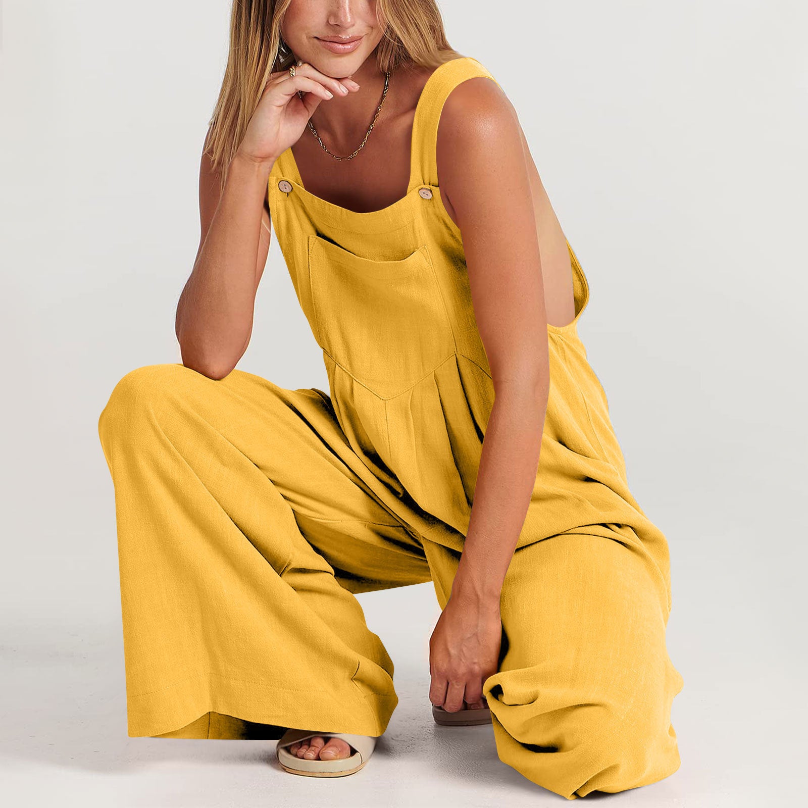 Sling Solid Color High-Waist Pocket Trousers Jumpsuit