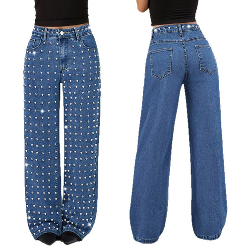 Jean droit taille mi-haute en denim bleu moyen pour femme : un look audacieux et tendance