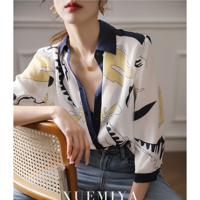 Chemise imprimée en soie artificielle pour femme, design rétro et singulier