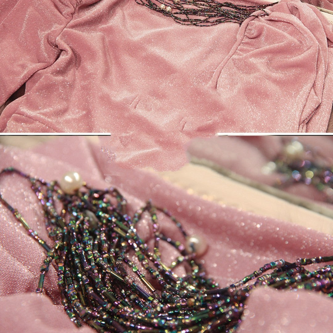 Ladies' Pink Pearl Collarbone Dress Mid Skirt S-XL Polyester