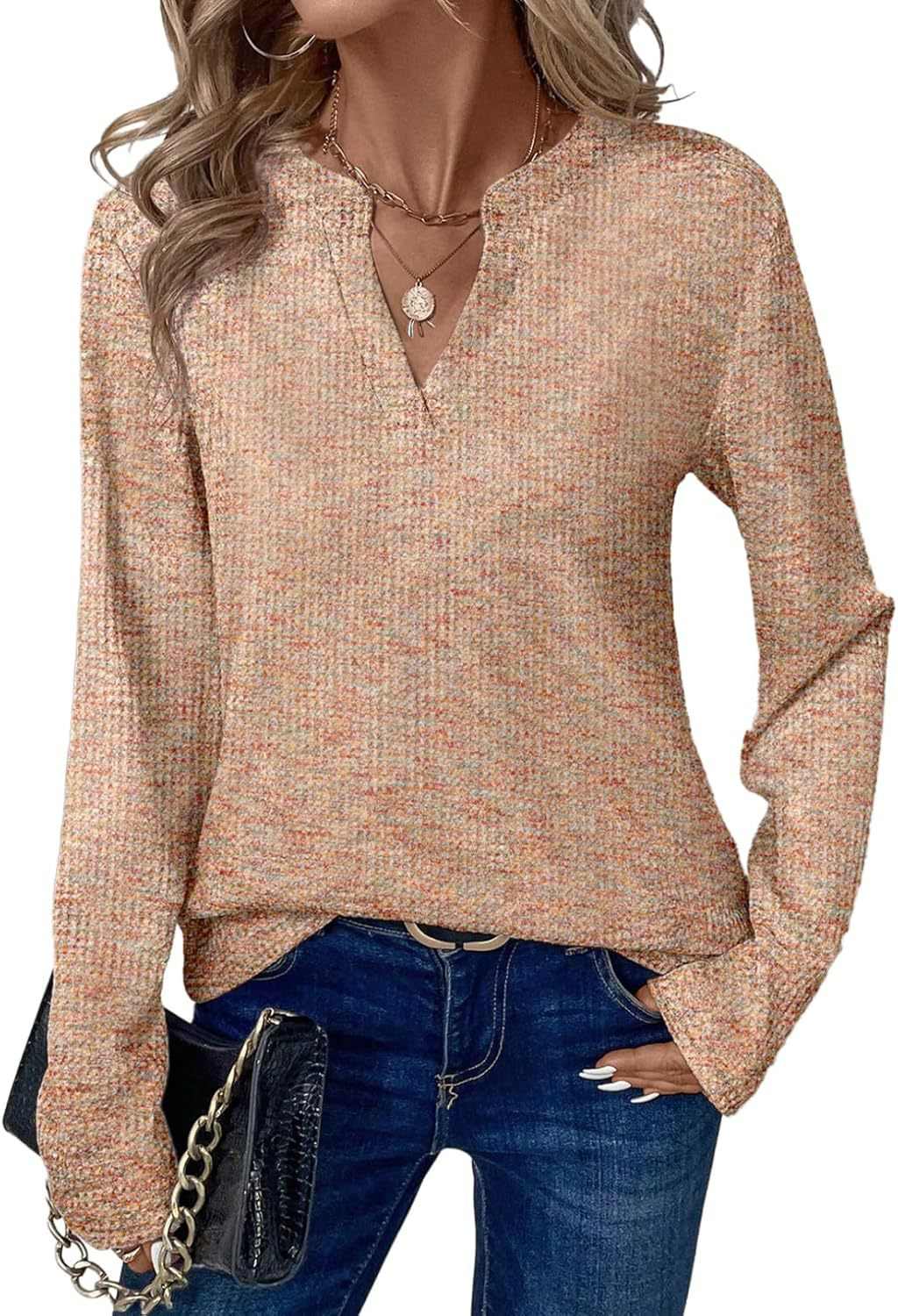 Women’s V-Neck Long-Sleeve Pullover Top Polyester Colorblock