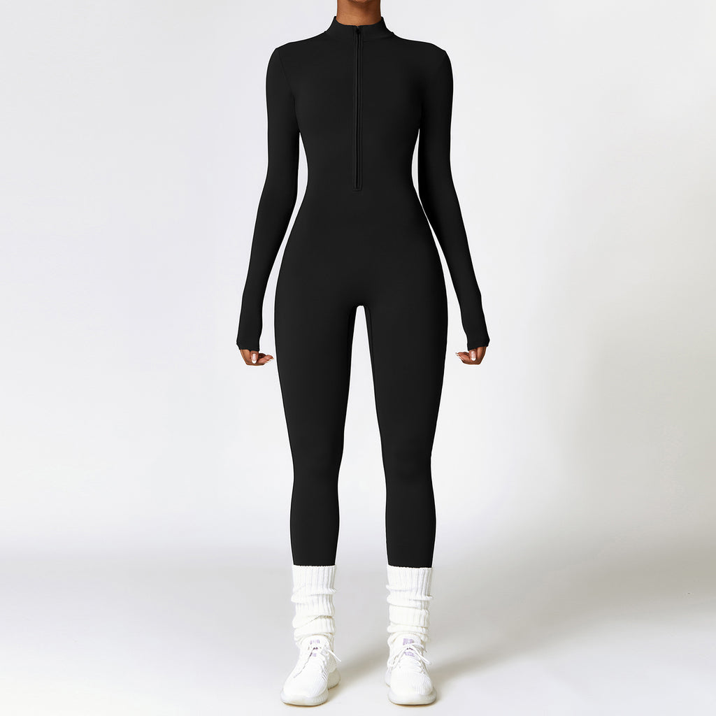 Combinaison de sport moulante à manches longues zippée et chaude pour femme