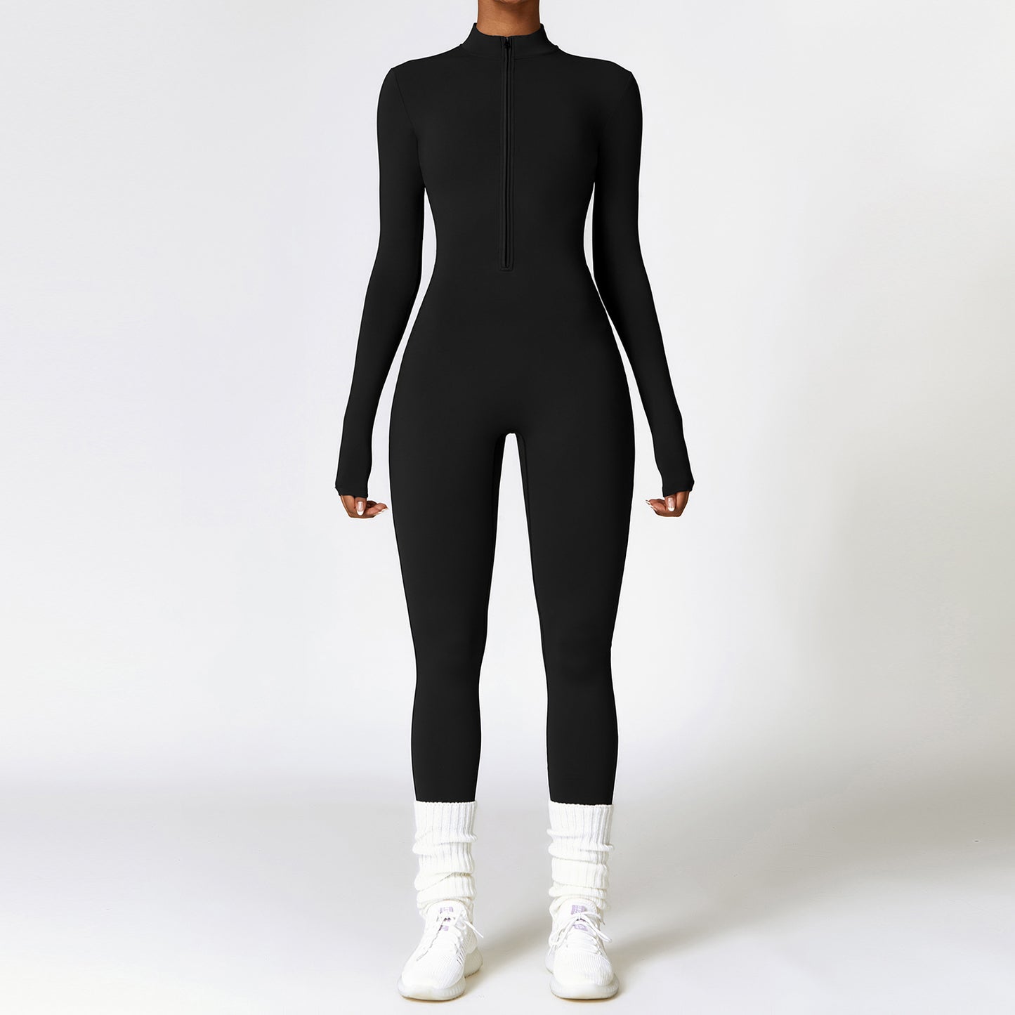 Warm Zipper Long-Sleeve Jumpsuit Yoga Fitness Sports Bodysuit for Women