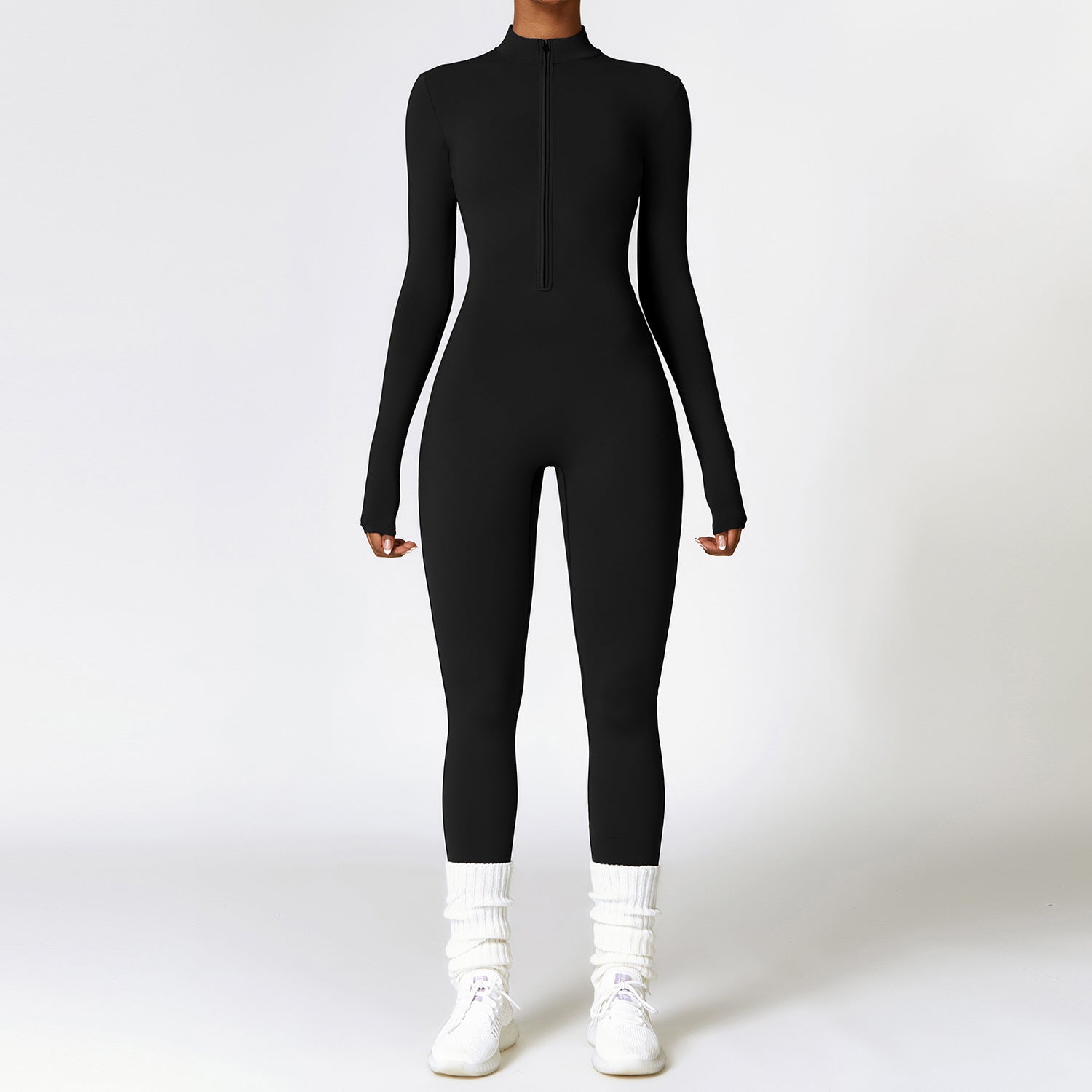 Warm Zipper Long-Sleeve Jumpsuit Yoga Fitness Sports Bodysuit for Women