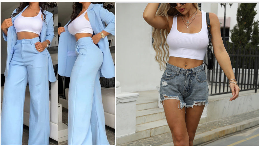 Pure Color Lapel Suit with Split Sleeves and Straight-Leg Pants for Women