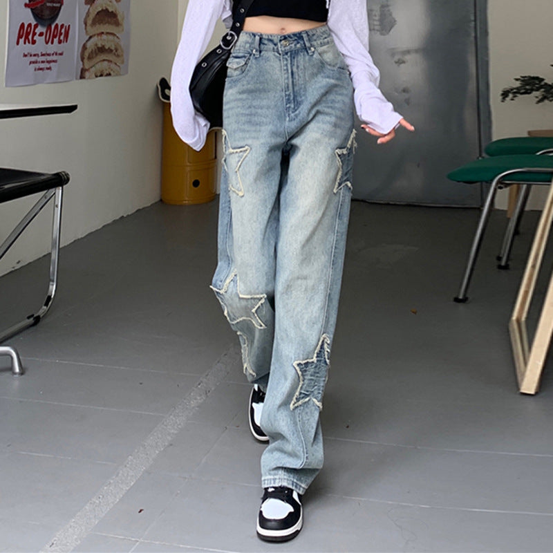 Embroidered High Waist Straight Leg Denim Jeans