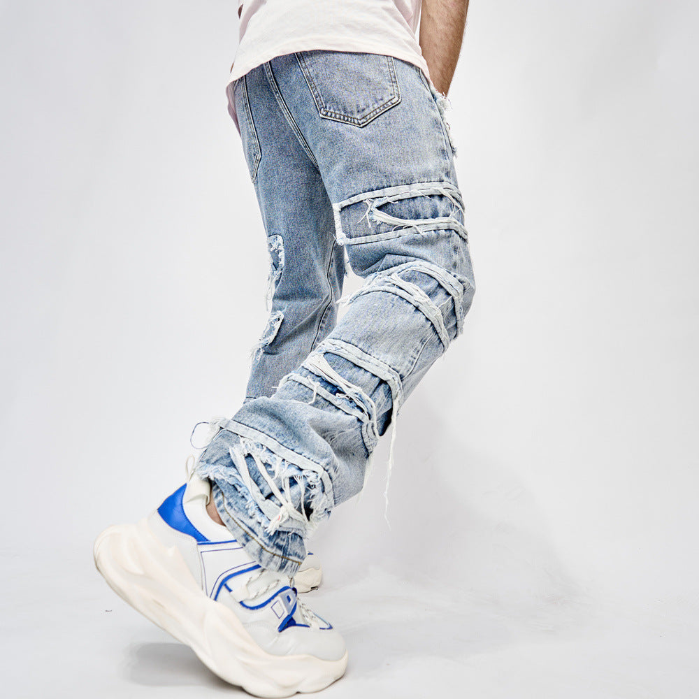 Jean droit homme en coton style hip-hop bleu