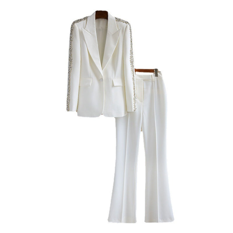 Medium Length Suit Coat with Wide Leg White Polyester Trousers