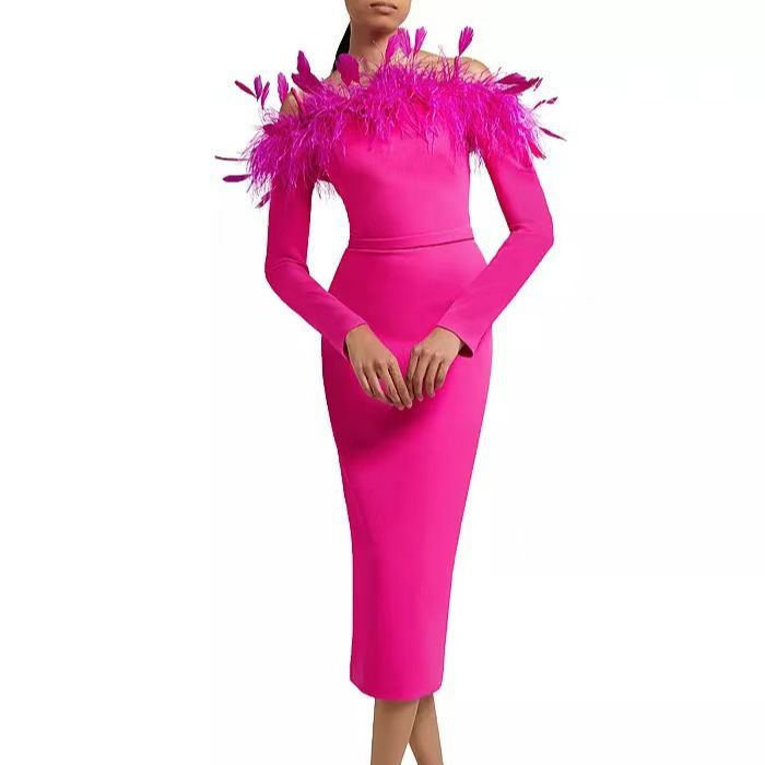 Summer Feather Long Sleeve Bandage One-Piece Dress