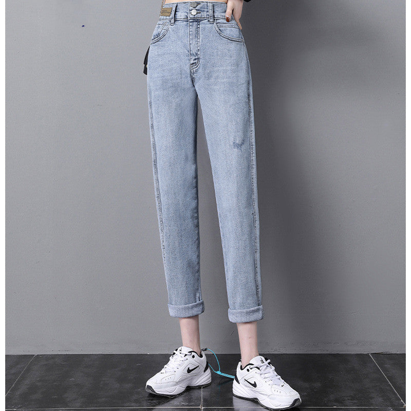 Pantalon carotte droit ample en jean bleu clair taille haute