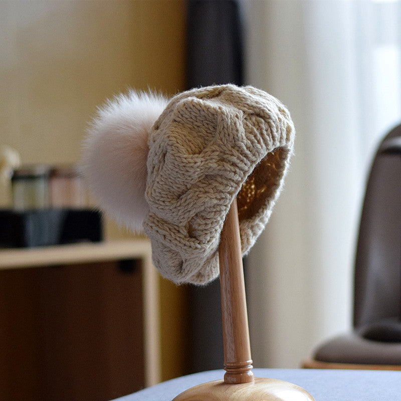 Autumn And Winter Fox Fur Ball Wool Hat For Children