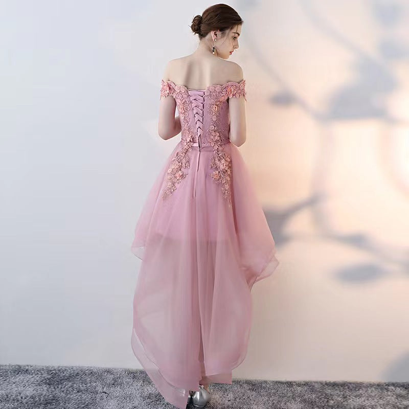 One-shoulder Swallowtail Bean Paste Color Dress With Short Front And Long Back