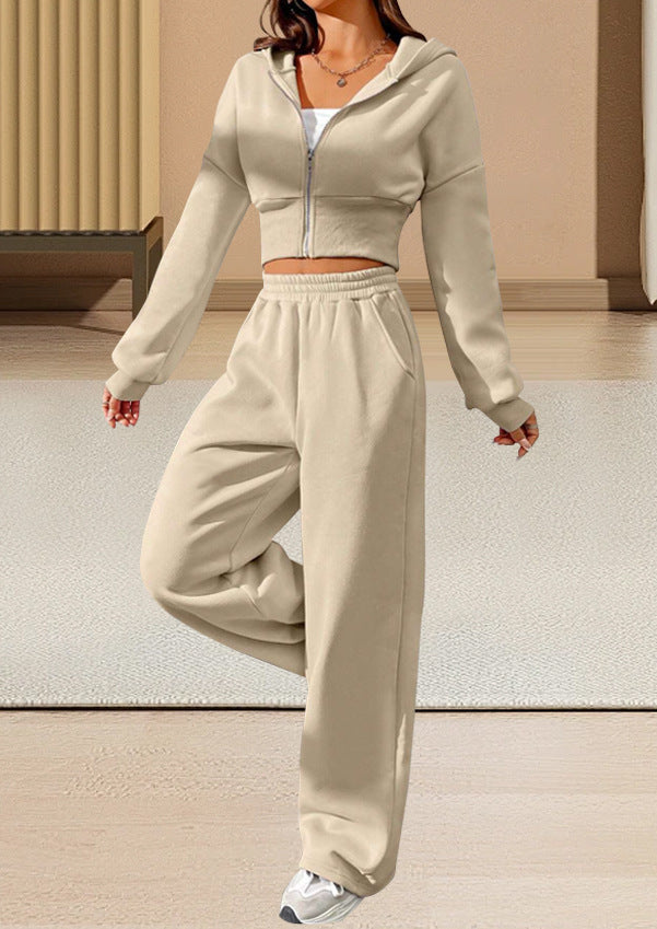 Pink Front Zip Hooded Sweatshirt & Two-Piece Pants Set