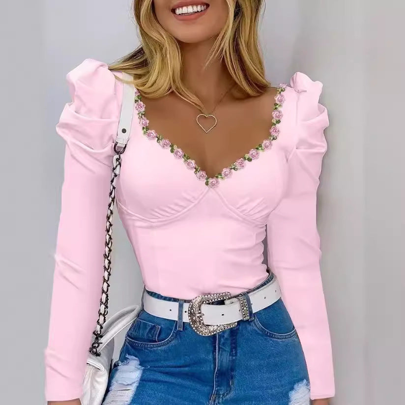 Women's Lace Ribbon Puff Sleeve Long Sleeve Top