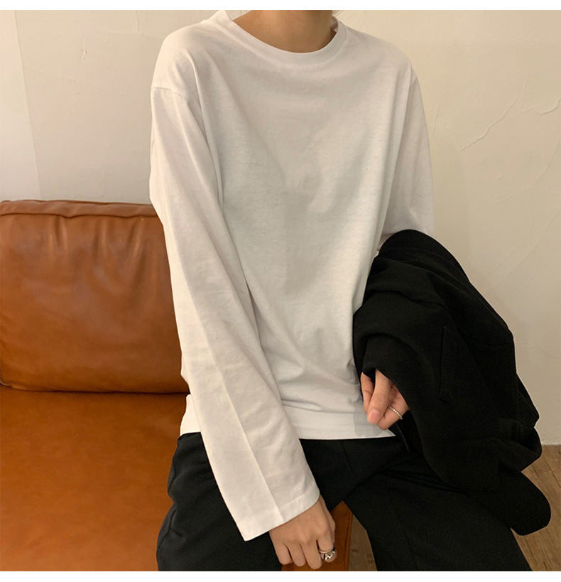 Women's White Long-Sleeve Solid Color Milk Silk T-Shirt