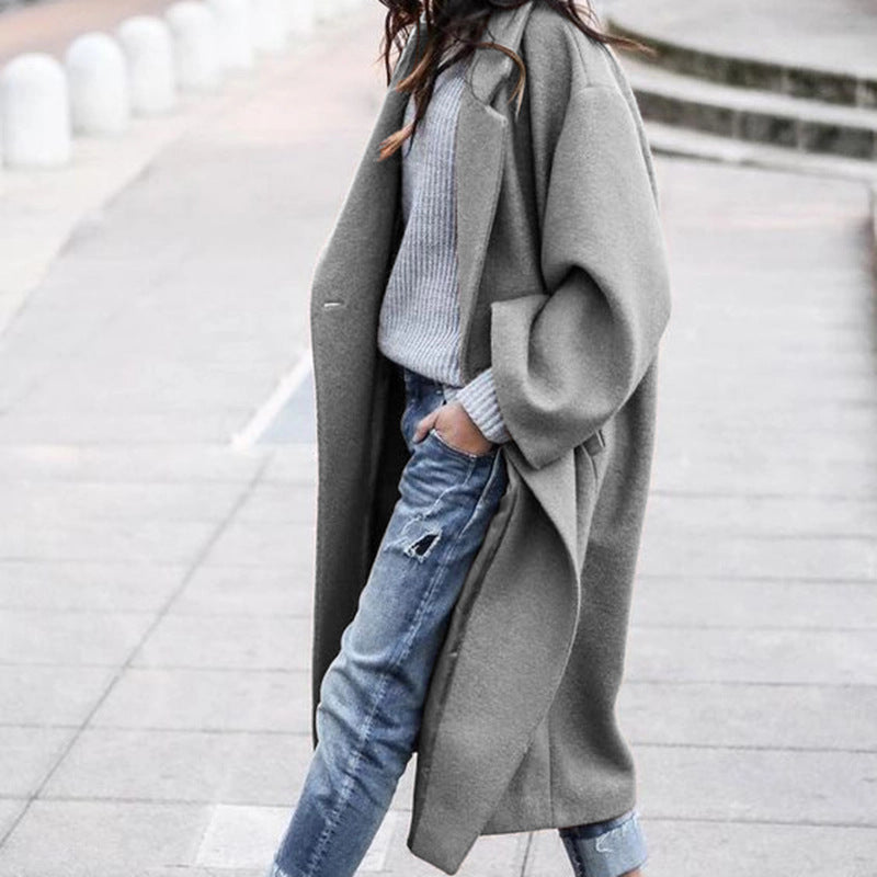 Women’s Casual Long Woolen Jacket With Pockets Solid Color Single Breasted Lapel Winter Coat