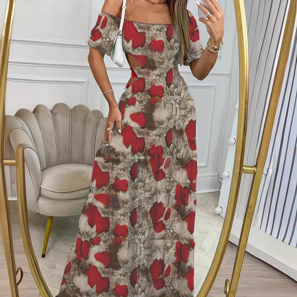 Robe longue en mousseline de soie à col une ligne, manches courtes, imprimée et taille creuse pour femme - Idéale pour les vacances d'été