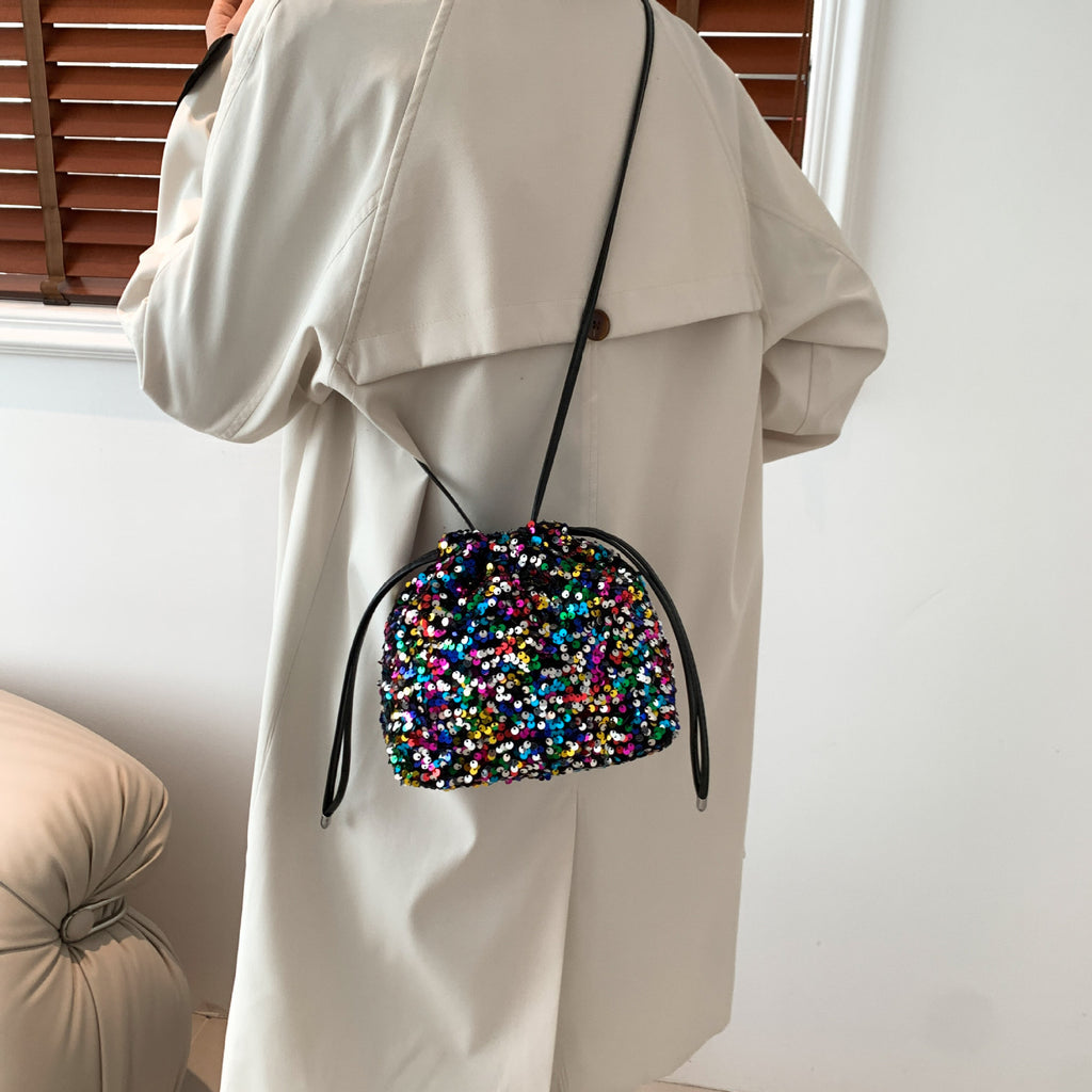 Sac plissé à cordon à sequins doux bandoulière