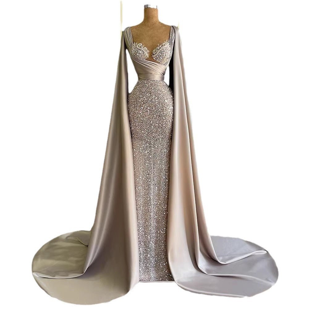 Women's High-End Polyester Wedding Dress with Lace and Long Sleeves