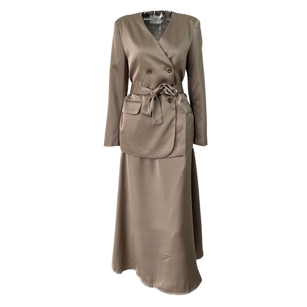 Double Breasted Women's Suit Jacket and Skirt Set in Solid Colors