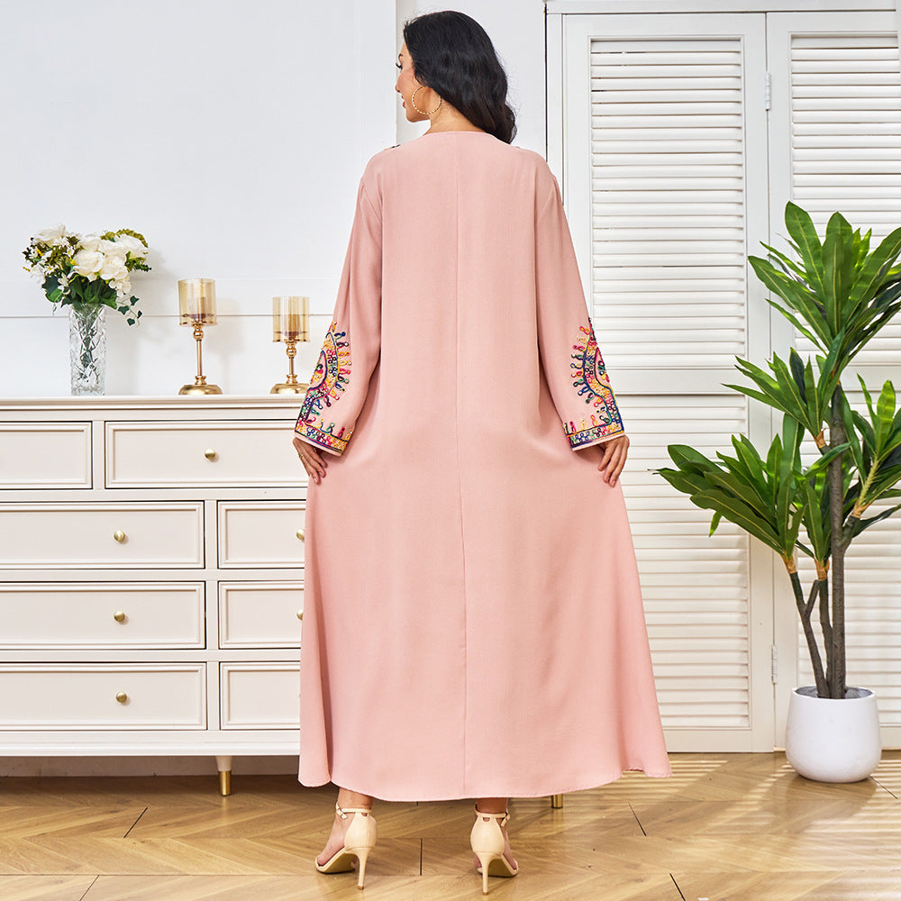 Pink Embroidered Middle Eastern Long Sleeve Dress for Women S-XXL Polyester