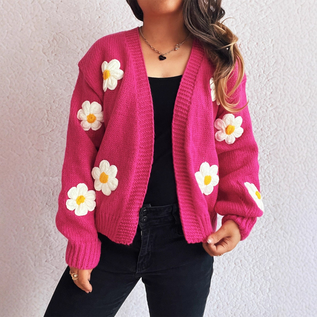 Casual Knitted V-neck Stitching Flower Cardigan Sweater