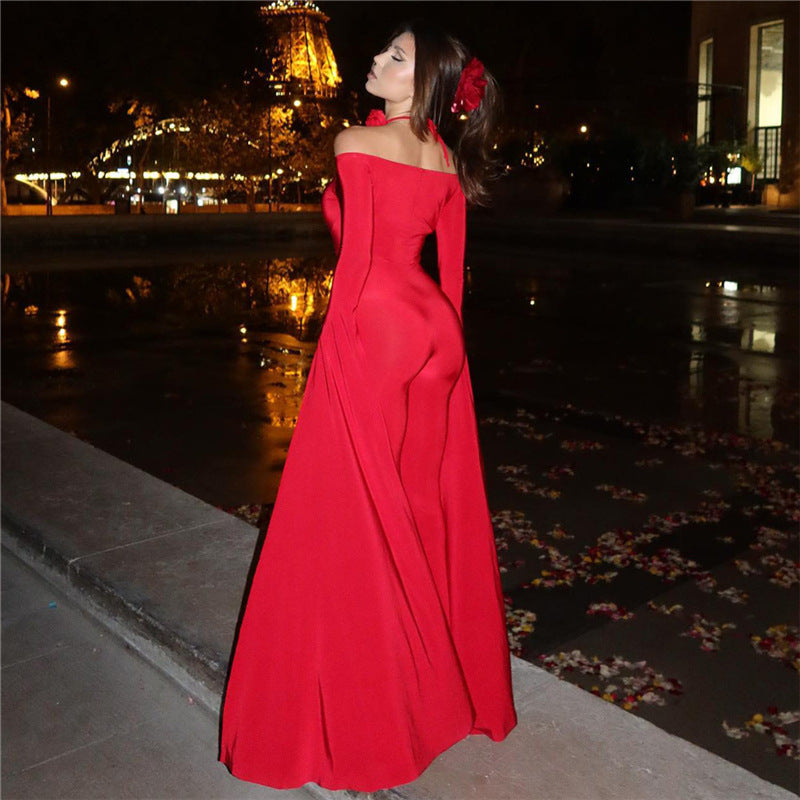 Combinaison rouge pour femme, manches longues épaules dénudées, taille haute