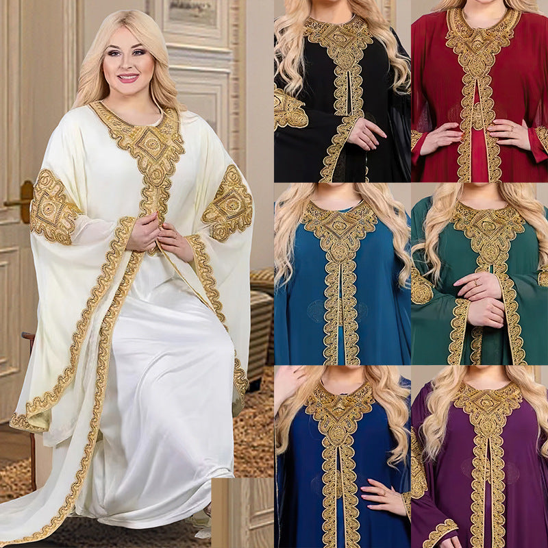 Bell Sleeve Embroidered Gold Lace Arabian Gulf Dress