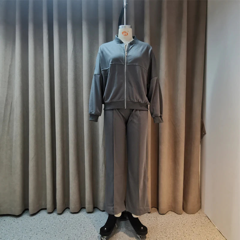 Solid Color Gray Polyester Zip Sweater & Casual Trousers Suit for Women