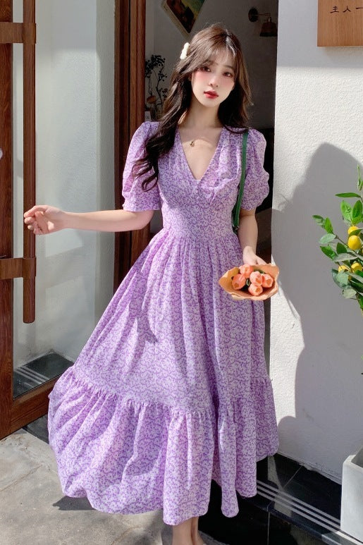 Chiffon Floral Dress with Big Swing in Purple & Blue