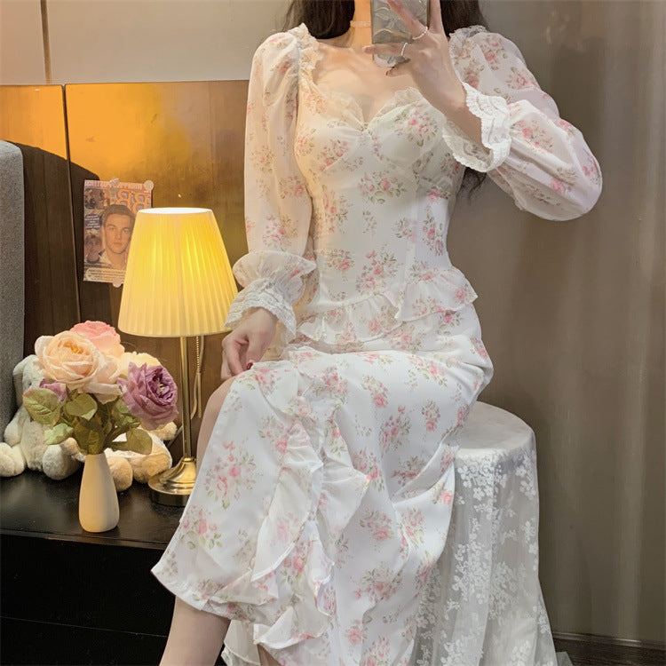 French Chiffon Floral High Waist Slim Ruffle Midi Dress