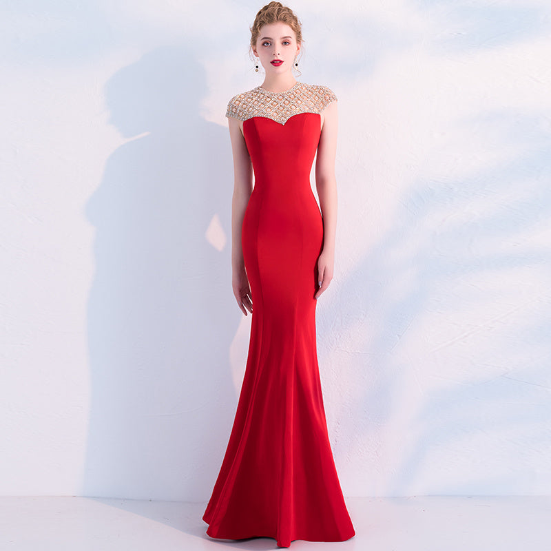 Élégante robe de soirée longue sirène avec col en U, noire ou rouge