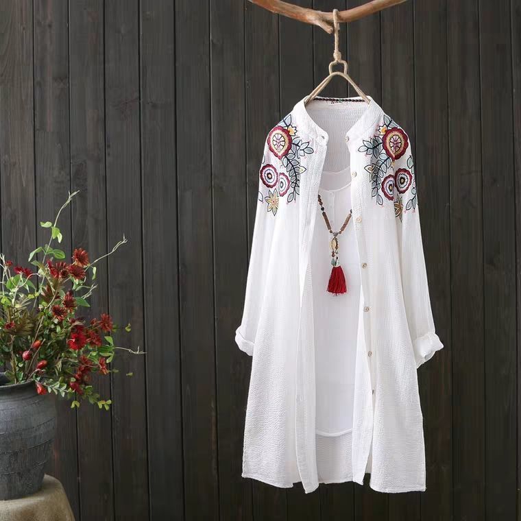 Ladies Mid-Length Loose Cotton Linen Embroidered Pullover Shirt