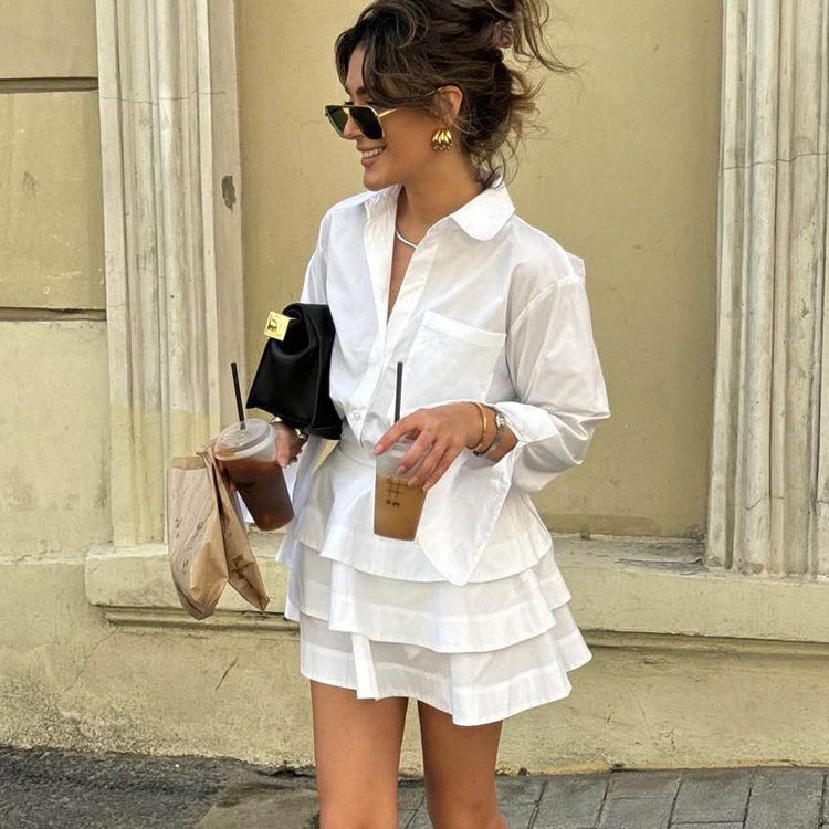 White Lapel Long Sleeve Shirt & High Waist Tiered Dress Suit