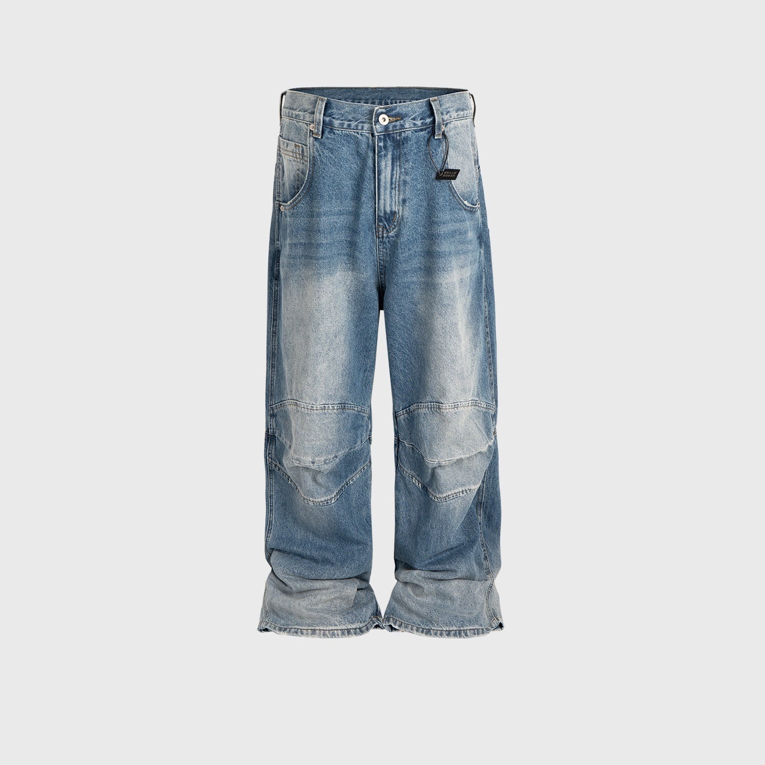 Washed White Blue Baggy Pleated Denim Jeans
