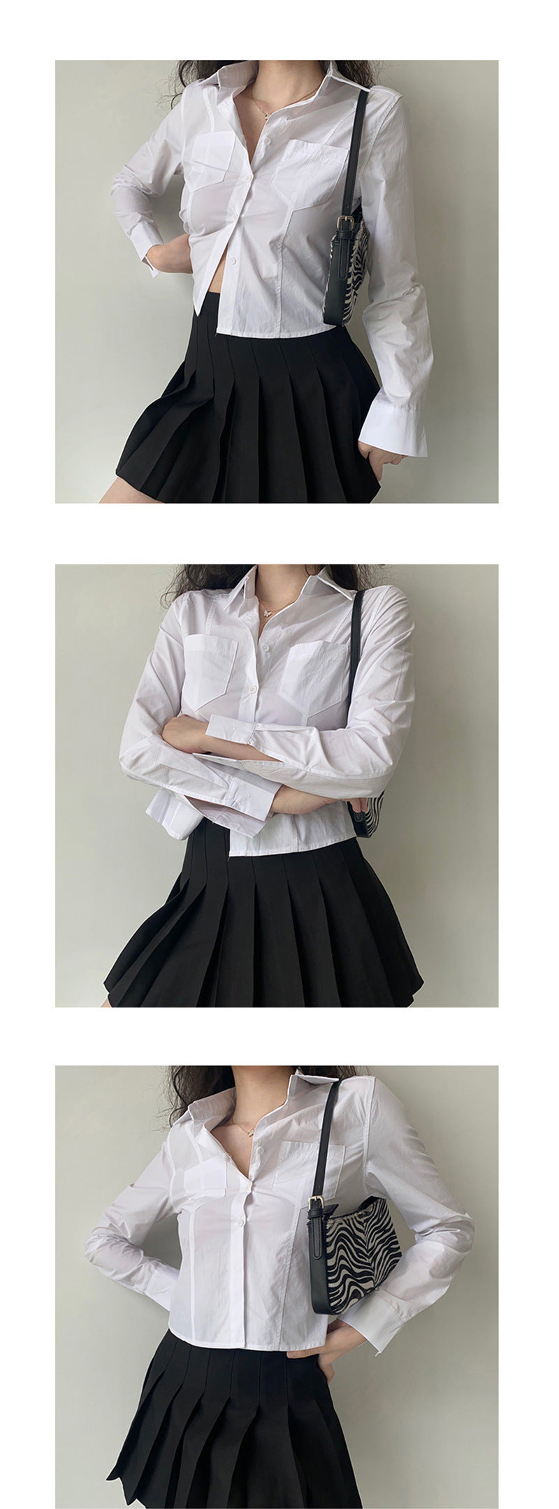 Chemisier Femme Blanc à Revers Manches Longues Printemps-Été Coupe Ajustée Polyester