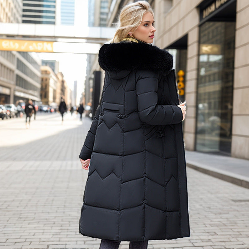 Winter Cotton-Padded Long Coat with Thick Fur Collar for Women