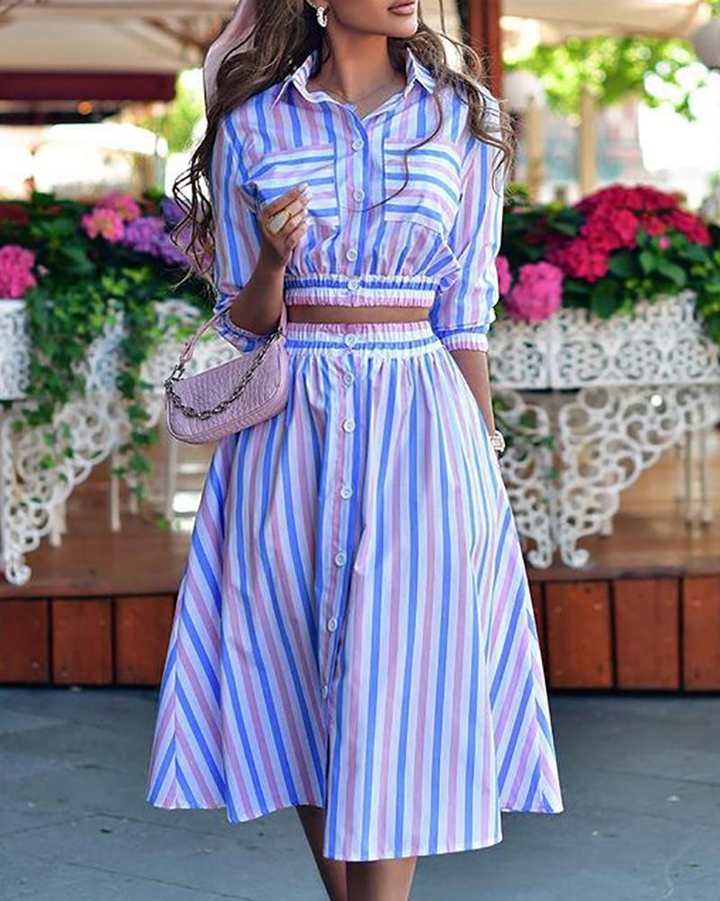 Printed Button Pocket Blouse & Mid-Length Skirt Suit with Stand Collar