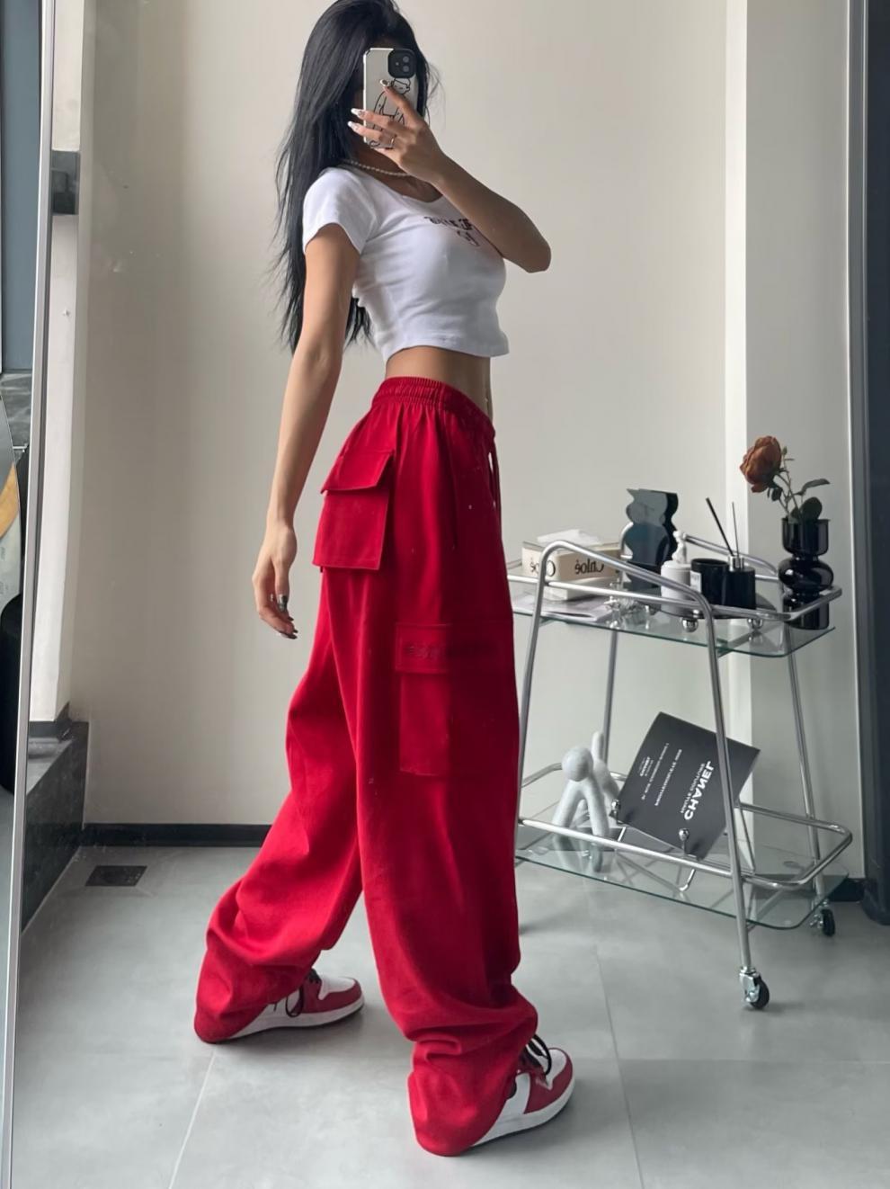 Women's Red High Waist Wide-Leg Pants with Pockets S-2XL